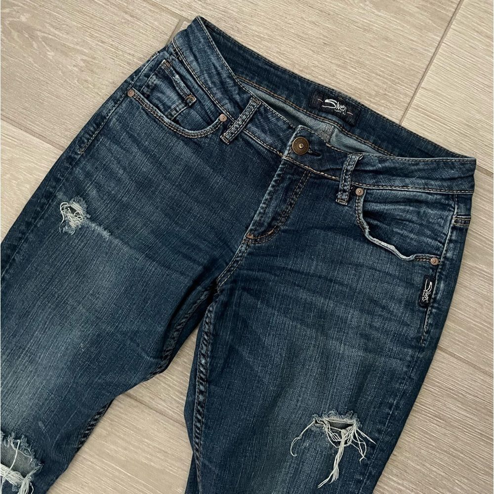 Silver Jeans Distressed Blue Dark Wash Sam Boyfriend Mid Rise Jeans 27 / 27